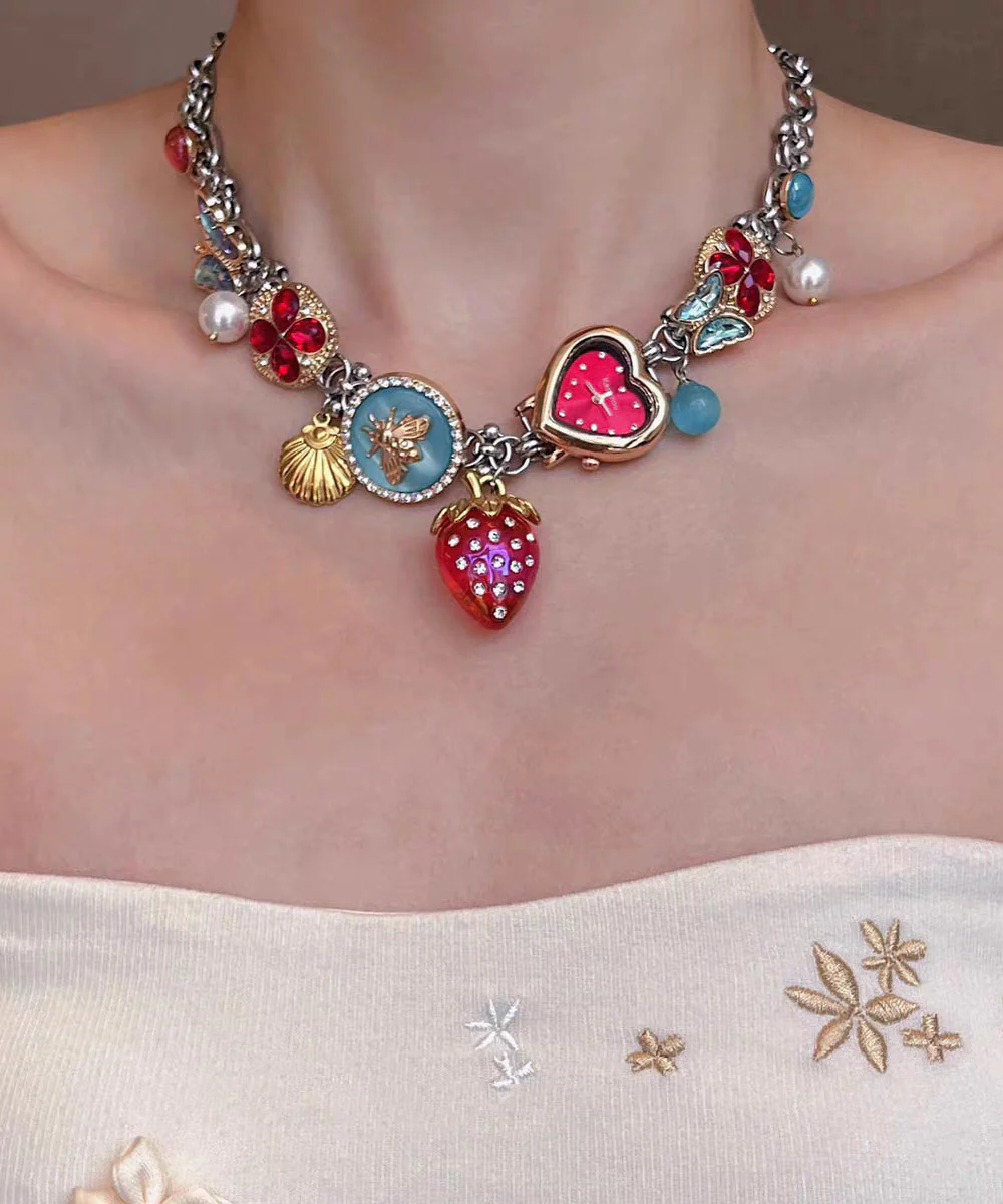 Novelty Rainbow Stainless Steel Strawberry Clock Butterfly Pendant Necklace - Image 5