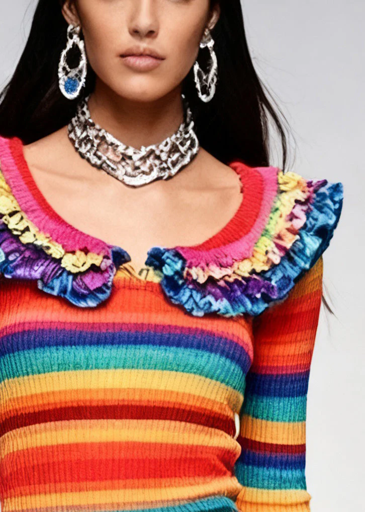 Novelty Rainbow Striped Ruffled Knit Sweaters Spring - Image 2