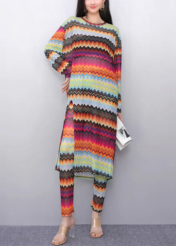 Novelty Rainbow Striped Tulle Long Dress And Pants Two Pieces Set Fall - Image 2
