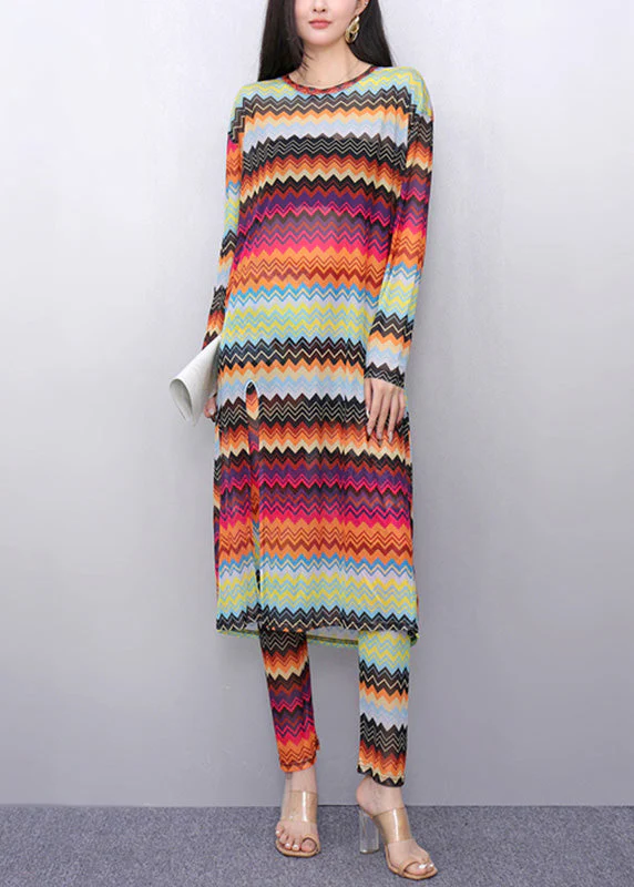 Novelty Rainbow Striped Tulle Long Dress And Pants Two Pieces Set Fall - Image 3