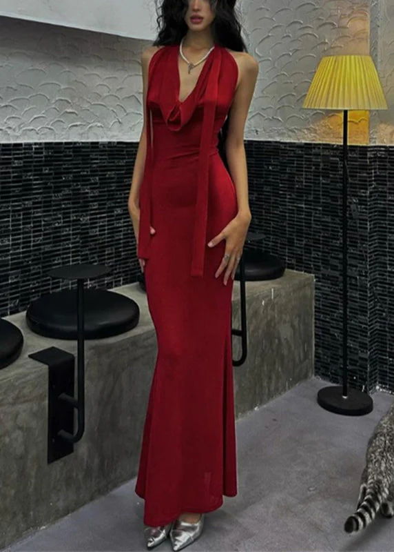 Novelty Red Halter Tie Waist Long Dresses Summer - Image 2