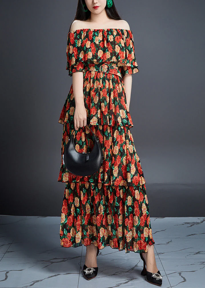 Novelty Red Slash Neck Print Cotton Long Dress Summer - Image 2