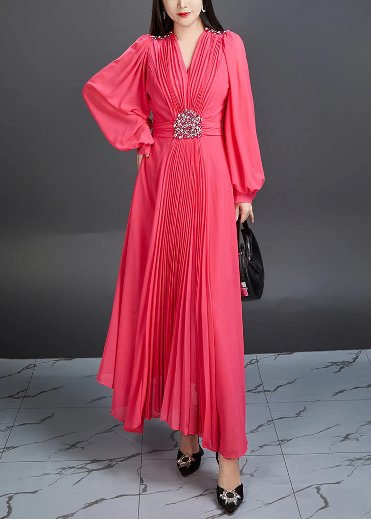 Novelty Red V Neck Wrinkled Chiffon Long Dress Fall - Image 2
