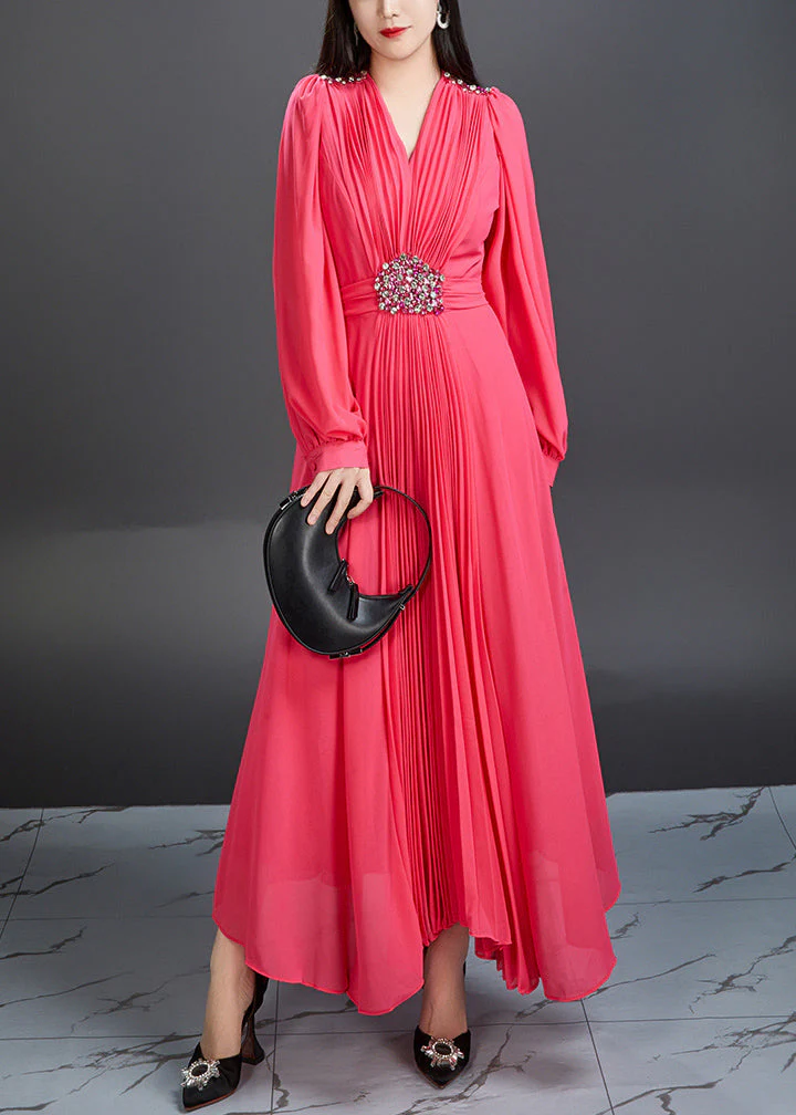 Novelty Red V Neck Wrinkled Chiffon Long Dress Fall - Image 3