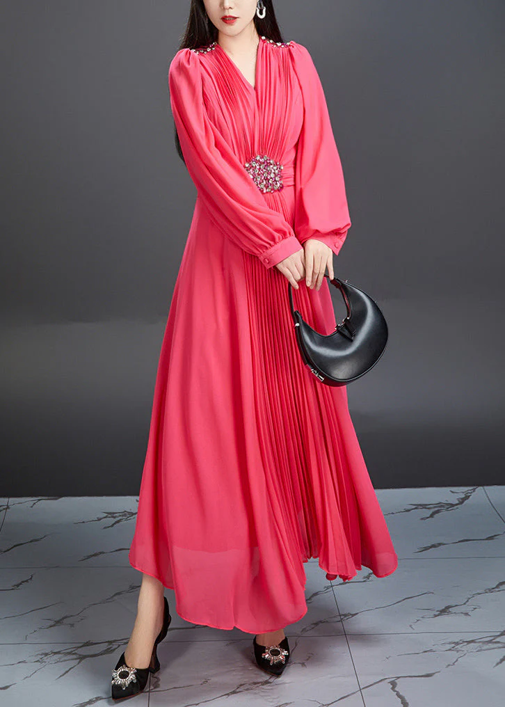 Novelty Red V Neck Wrinkled Chiffon Long Dress Fall - Image 4