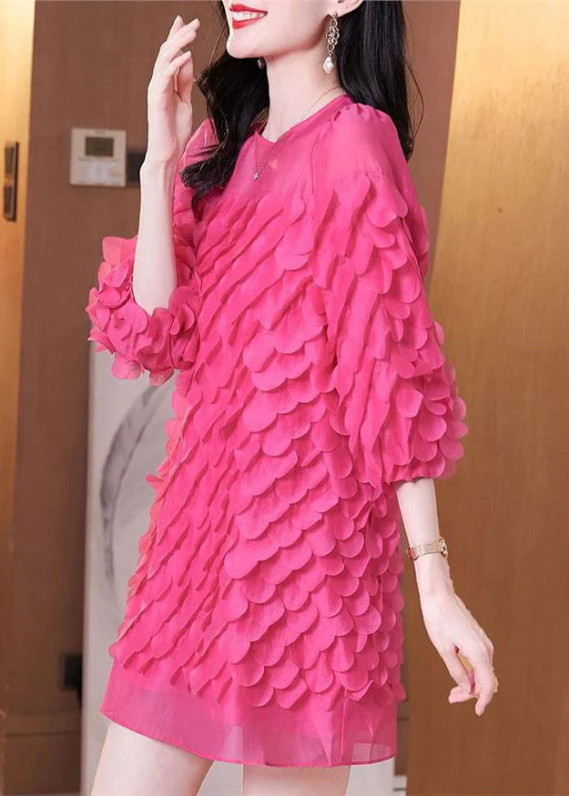Novelty Rose O-Neck Chiffon Mid Dresses Bracelet Sleeve - Image 4