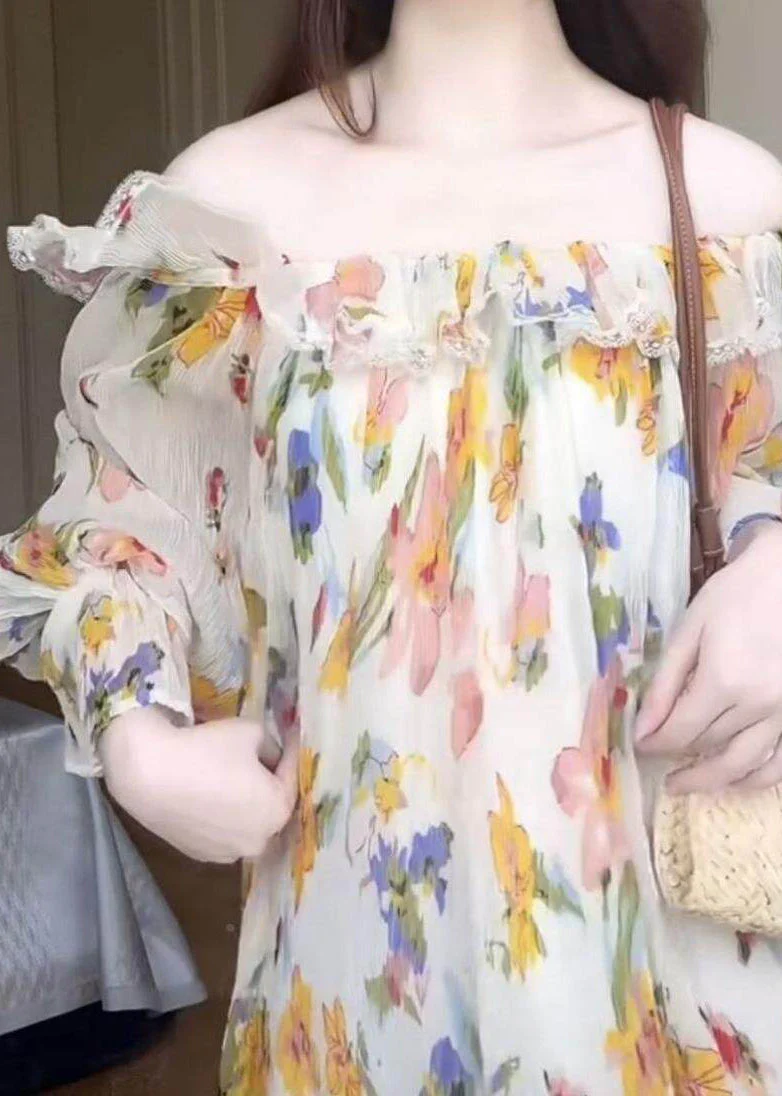 Novelty Slash Neck Chiffon Maxi Dress Patchwork Wrinkled Fall - Image 2