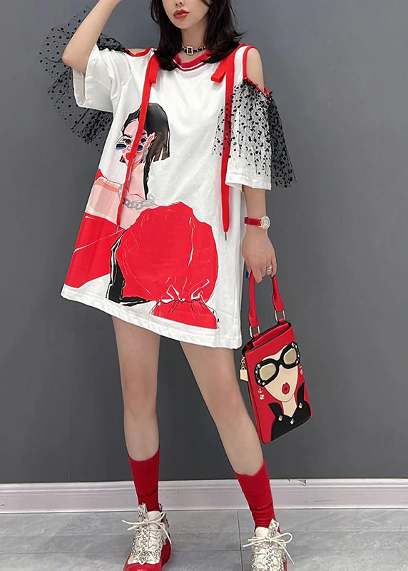 Novelty White O-Neck Tulle Patchwork Belle Mid Dress Half Sleeve - Image 2
