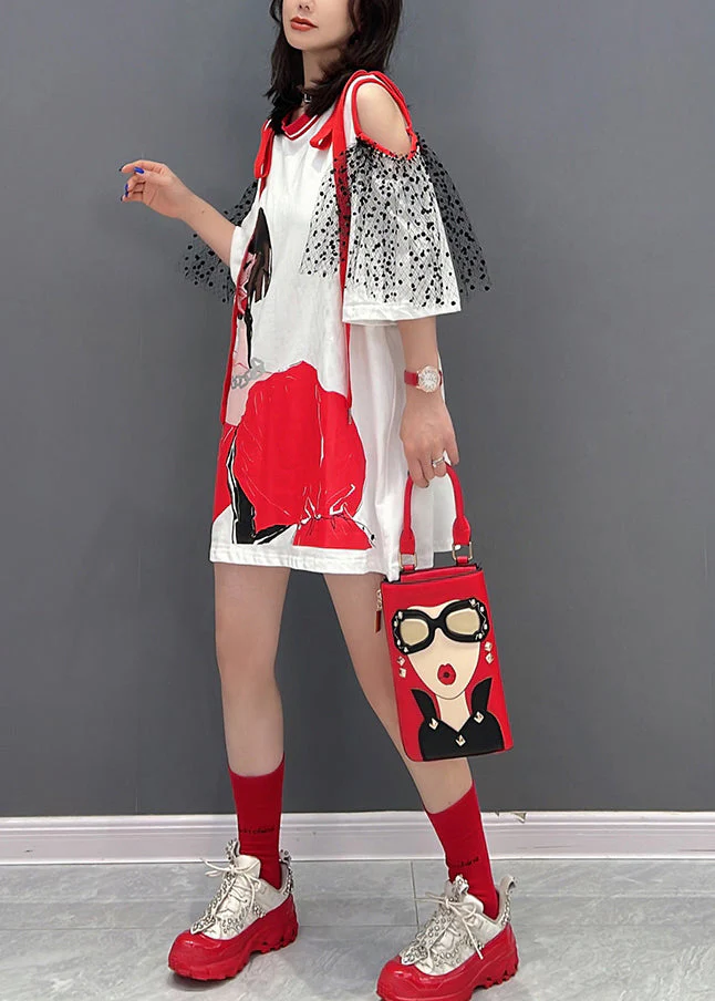 Novelty White O-Neck Tulle Patchwork Belle Mid Dress Half Sleeve - Image 3