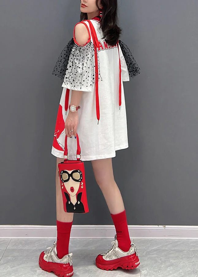Novelty White O-Neck Tulle Patchwork Belle Mid Dress Half Sleeve - Image 4