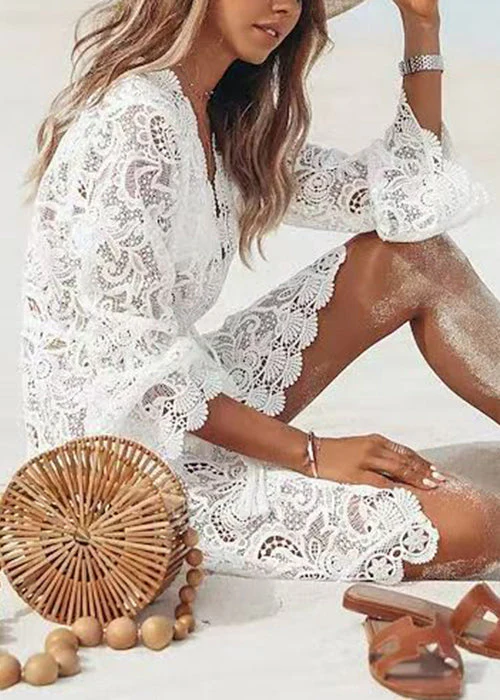 Novelty White V Neck Solid Lace Mini Dresses Summer - Image 5