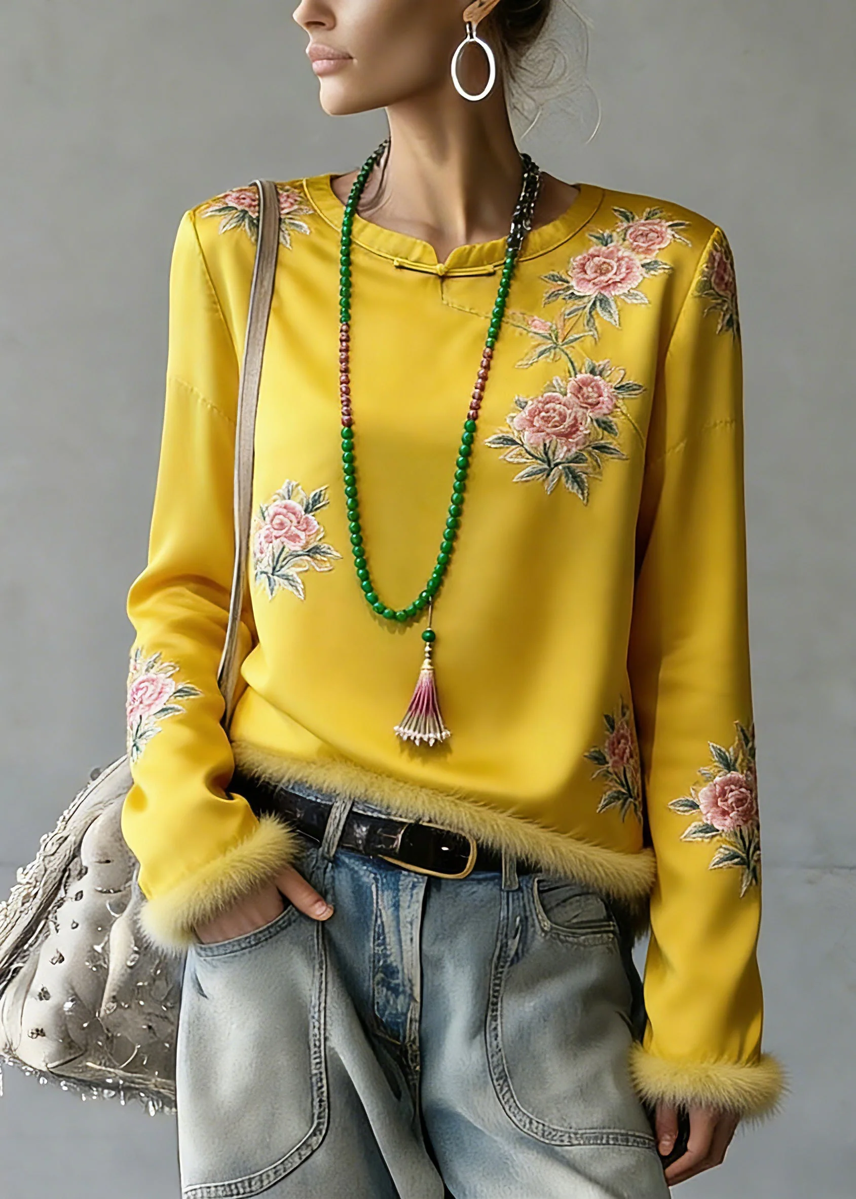 Novelty Yellow Embroidered Patchwork Silk Cotton Tops Spring - Image 3