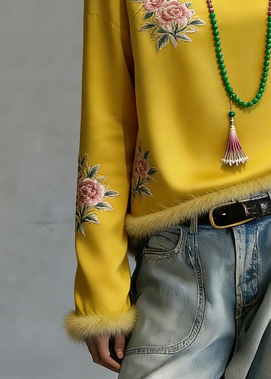 Novelty Yellow Embroidered Patchwork Silk Cotton Tops Spring - Image 4