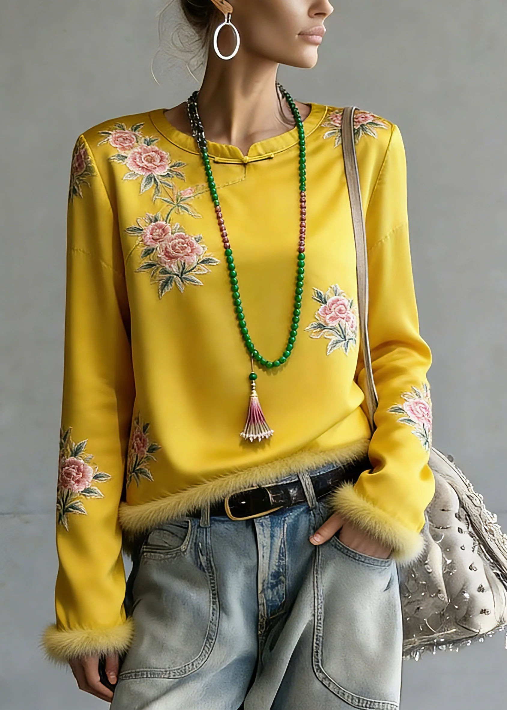 Novelty Yellow Embroidered Patchwork Silk Cotton Tops Spring - Image 5