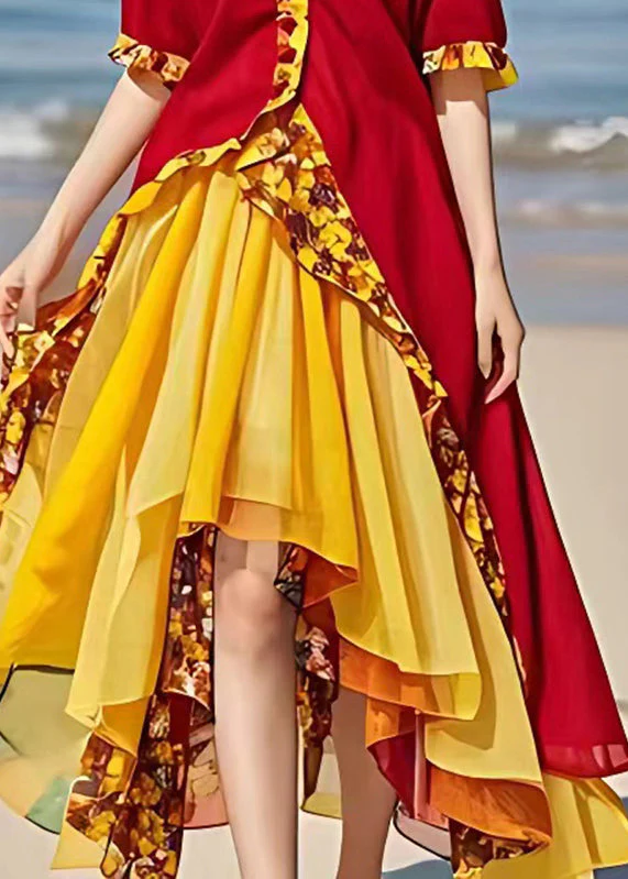 Novelty Yellow Patchwork Chiffon Long Dresses Short Sleeve - Image 5