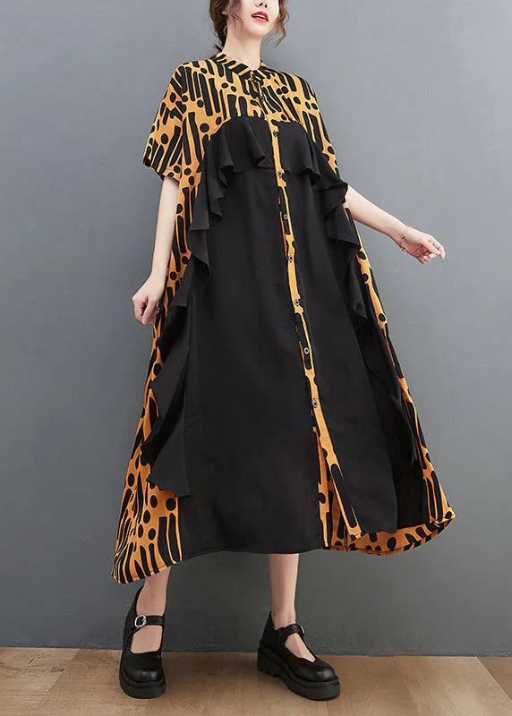 Novelty Yellow Stand Collar Ruffles print Chiffon Patchwork Shirt Dress Short Sleeve - Image 3