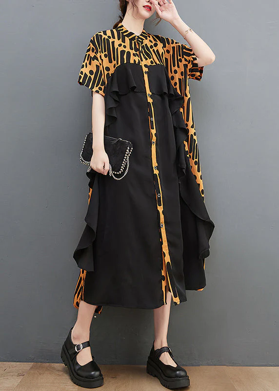 Novelty Yellow Stand Collar Ruffles print Chiffon Patchwork Shirt Dress Short Sleeve - Image 4
