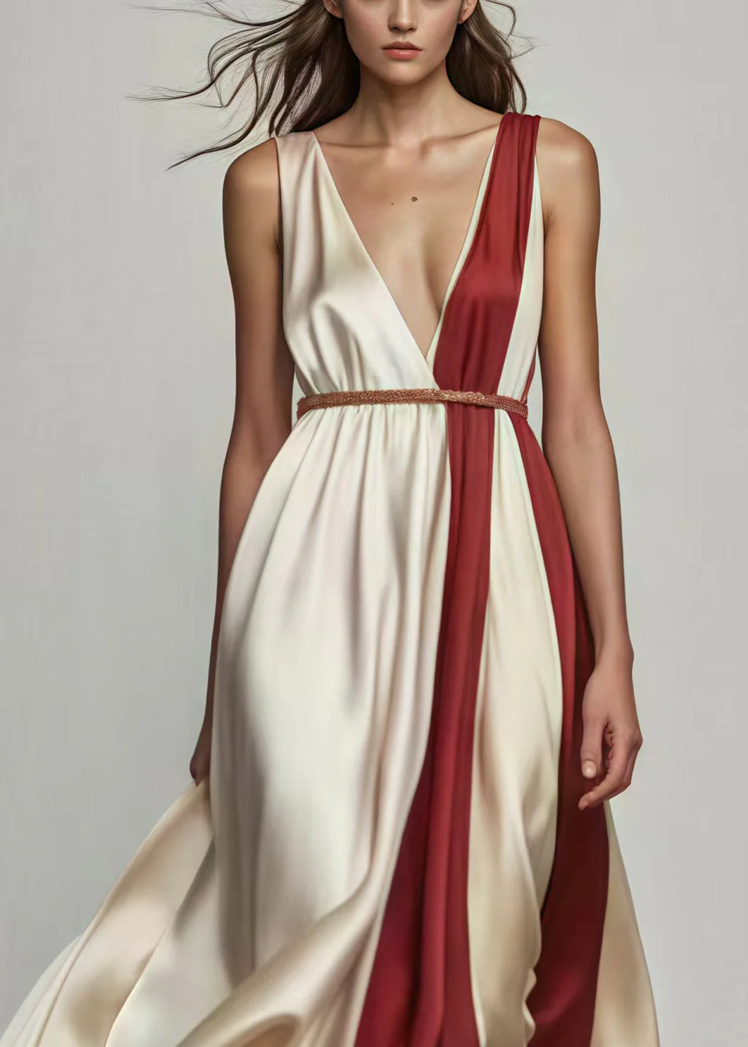 Nude Patchwork Draping Silk Dresses Exra Large Hem Summer - Image 2