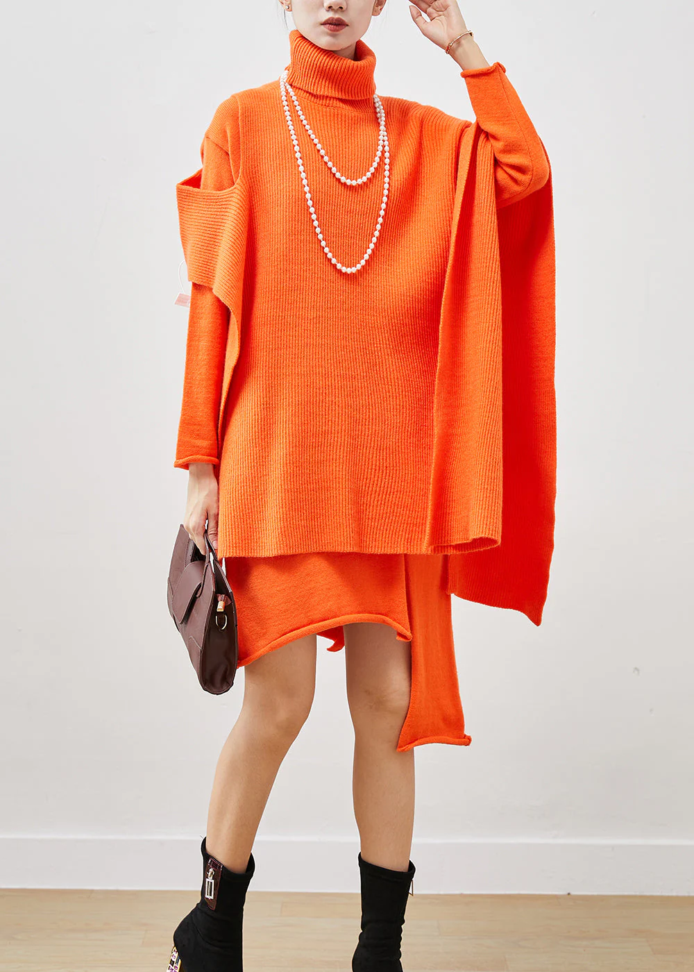 Orange Asymmetrical Knit Dress Two Pieces Set Turtle Neck Spring - Image 2