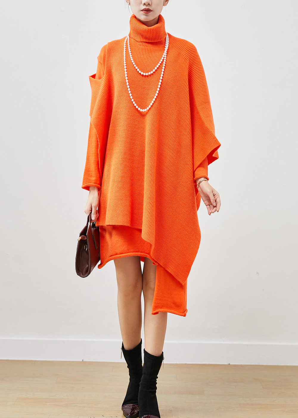 Orange Asymmetrical Knit Dress Two Pieces Set Turtle Neck Spring - Image 3