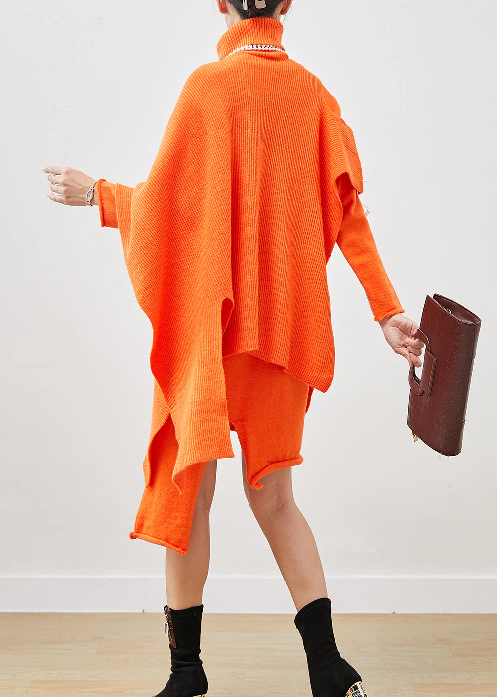 Orange Asymmetrical Knit Dress Two Pieces Set Turtle Neck Spring - Image 4