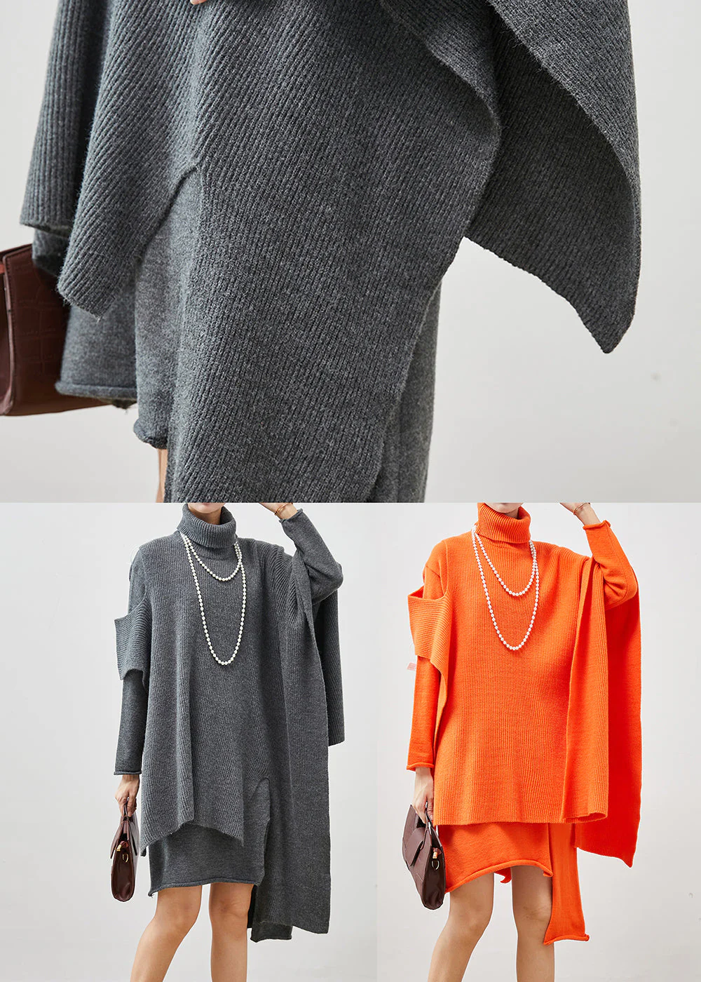 Orange Asymmetrical Knit Dress Two Pieces Set Turtle Neck Spring - Image 5