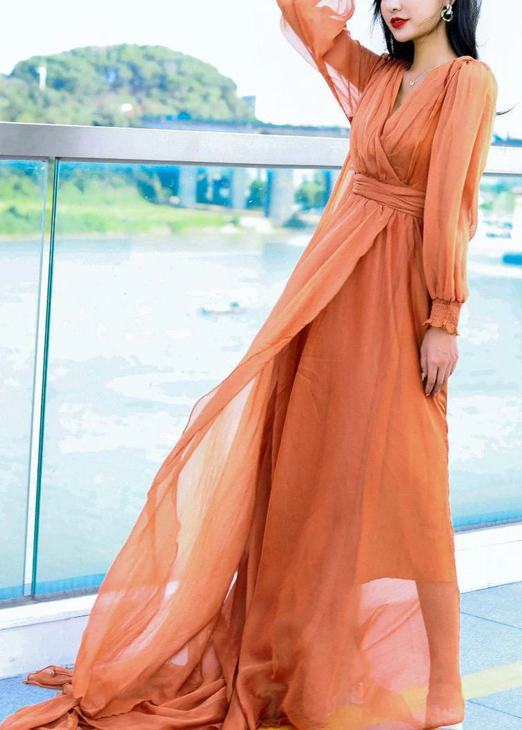 Orange Backless Solid Chiffon Spring Maxi Dresses V Neck - Image 3