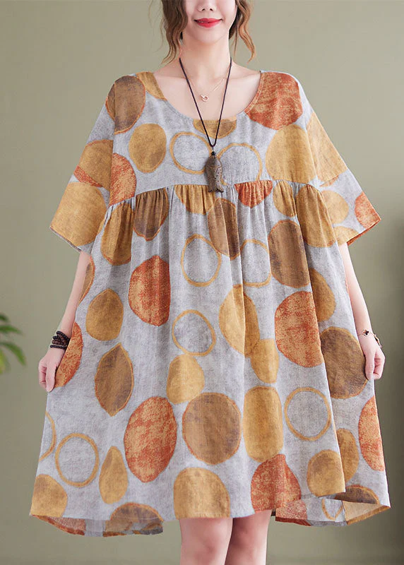 Orange Dot Print Cotton Vacation Dresses O-Neck Wrinkled Short Sleeve - Image 2
