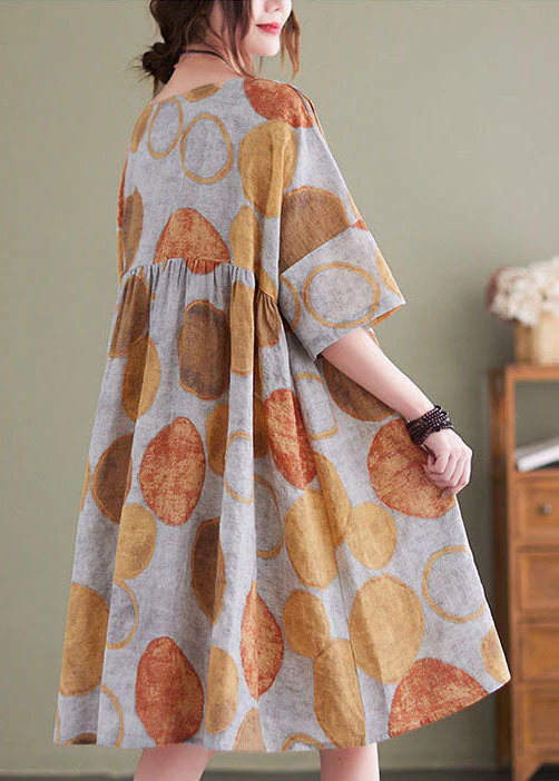 Orange Dot Print Cotton Vacation Dresses O-Neck Wrinkled Short Sleeve - Image 3