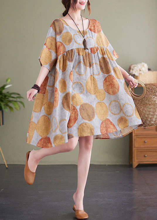 Orange Dot Print Cotton Vacation Dresses O-Neck Wrinkled Short Sleeve - Image 4