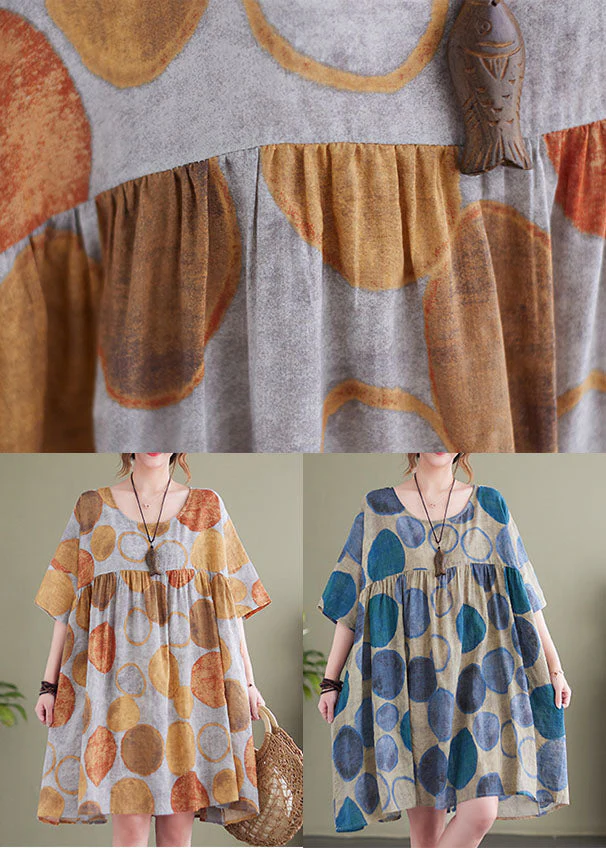 Orange Dot Print Cotton Vacation Dresses O-Neck Wrinkled Short Sleeve - Image 5