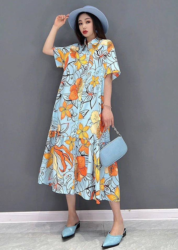 Orange Floral Print Patchwork Shirt Dress Button Wrinkled Short Sleeve - Image 2