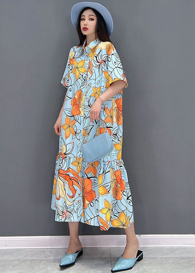 Orange Floral Print Patchwork Shirt Dress Button Wrinkled Short Sleeve - Image 3