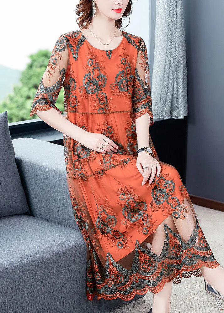 Orange Hollow Out Tulle Long Dress Embroideried Half Sleeve - Image 3