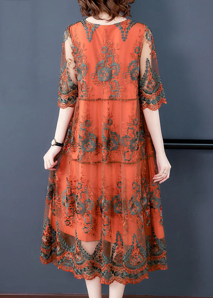 Orange Hollow Out Tulle Long Dress Embroideried Half Sleeve - Image 4