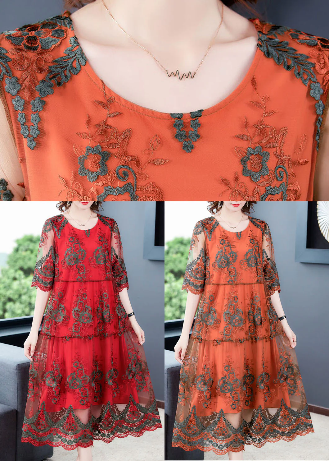 Orange Hollow Out Tulle Long Dress Embroideried Half Sleeve - Image 5