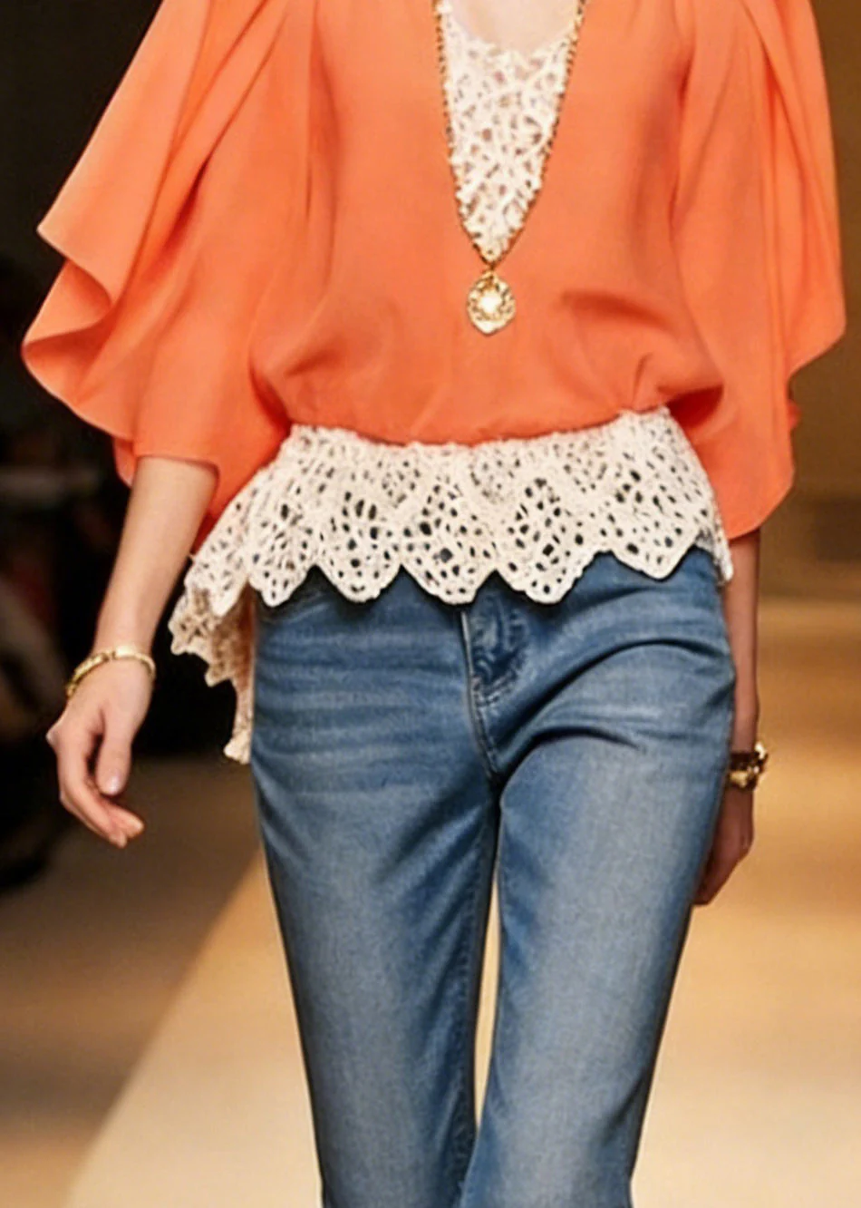 Orange Lace Patchwork Chiffon Blouse V Neck Bracelet Sleeve - Image 4