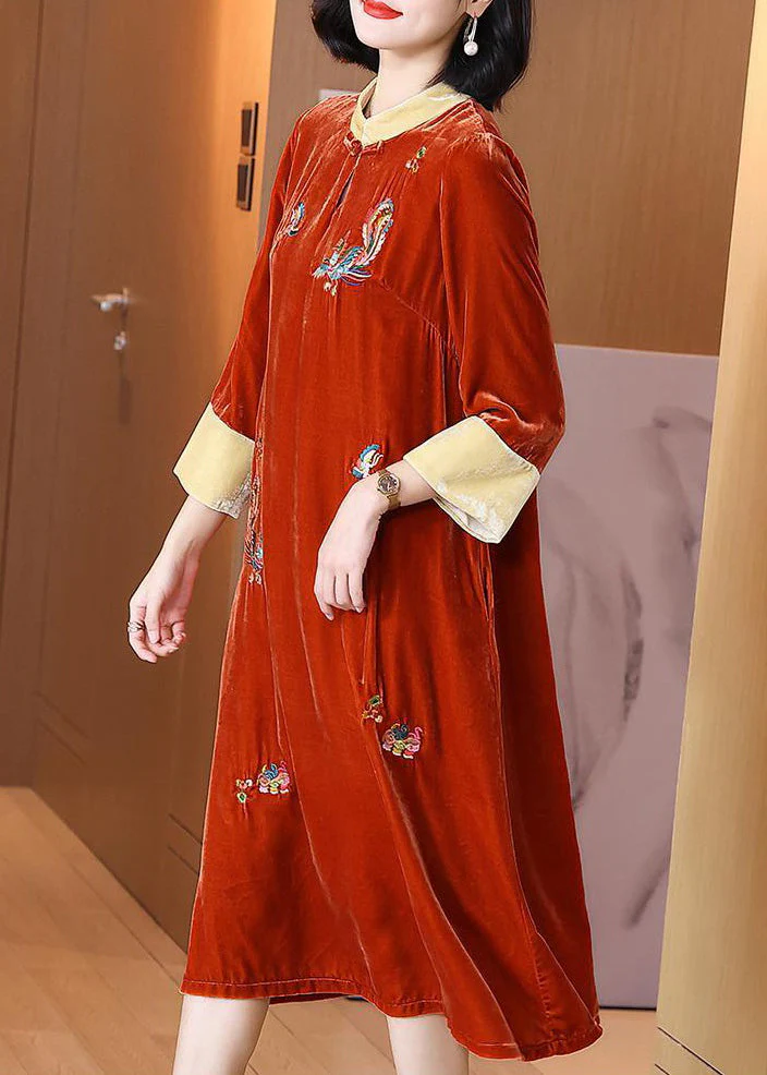 Orange Lace Up Silk Velour Long Dresses Stand Collar Spring - Image 3