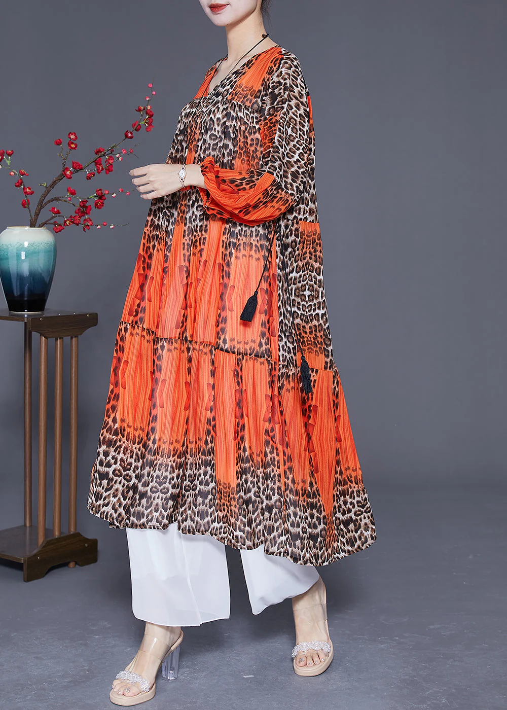 Orange Leopar Print Chiffon Maxi Dress Drawstring Exra Large Hem Summer - Image 2
