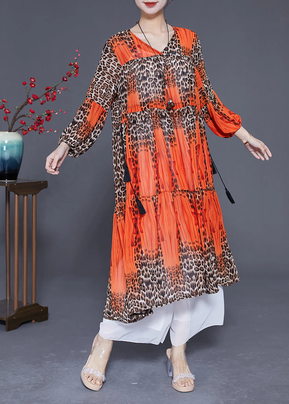Orange Leopar Print Chiffon Maxi Dress Drawstring Exra Large Hem Summer - Image 3