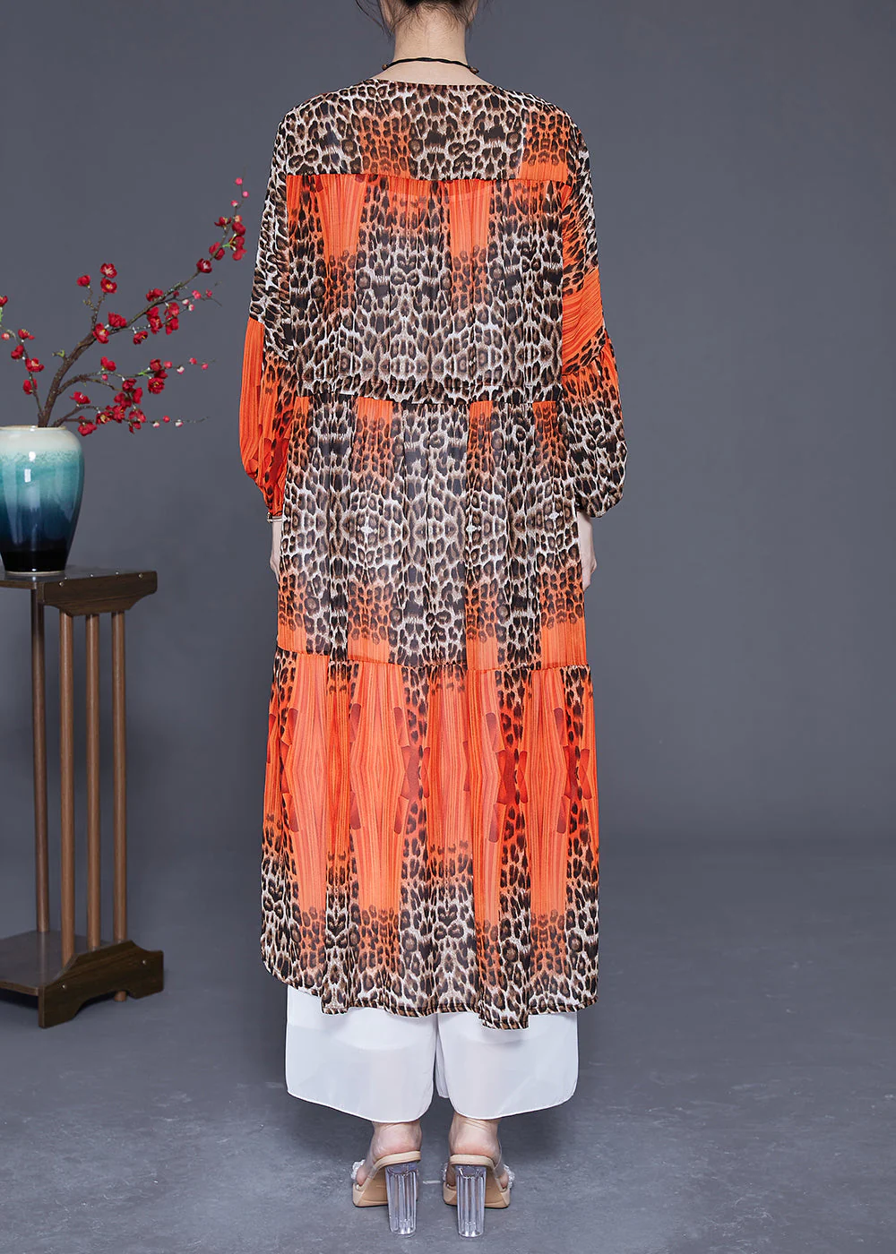 Orange Leopar Print Chiffon Maxi Dress Drawstring Exra Large Hem Summer - Image 4