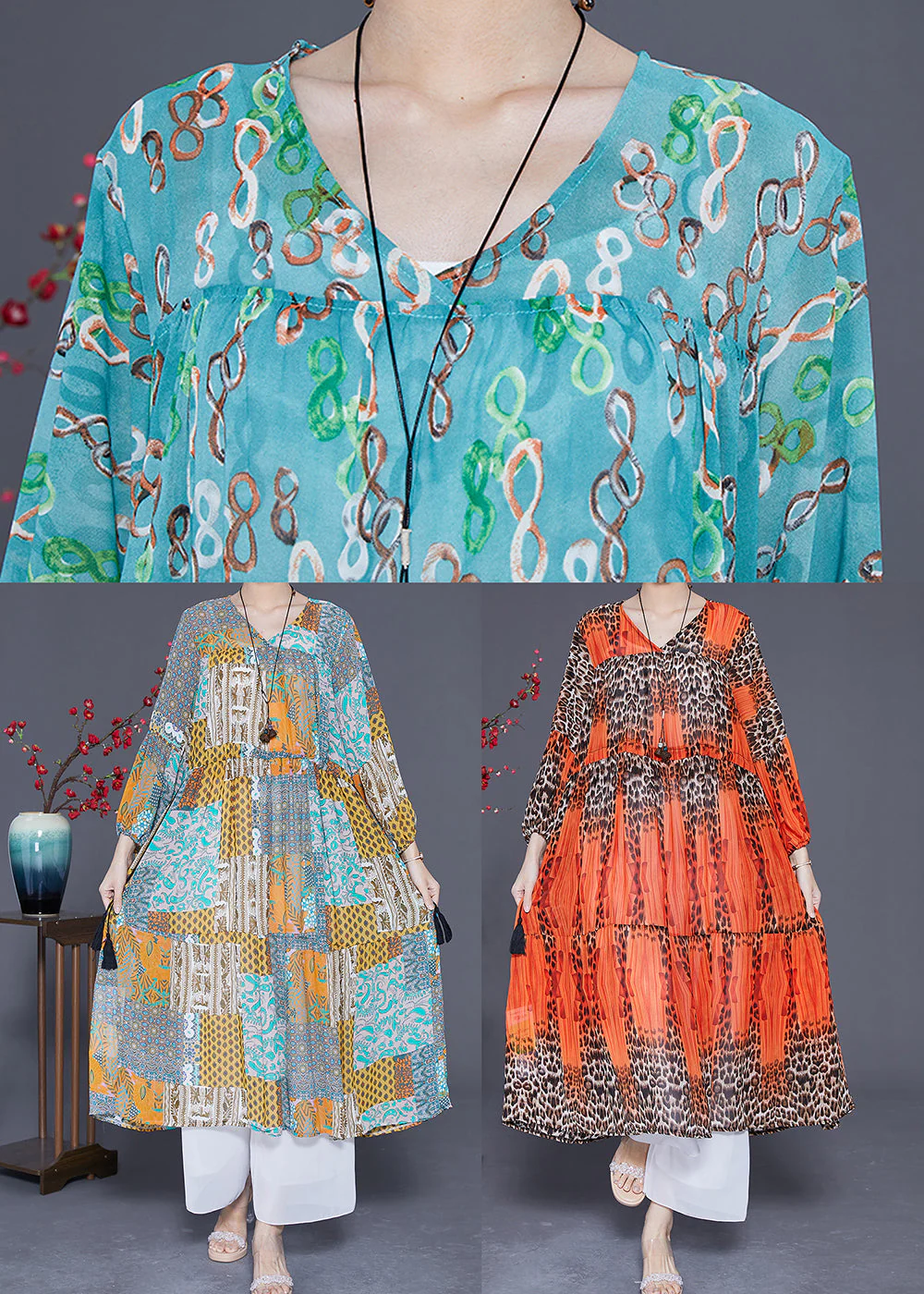 Orange Leopar Print Chiffon Maxi Dress Drawstring Exra Large Hem Summer - Image 5