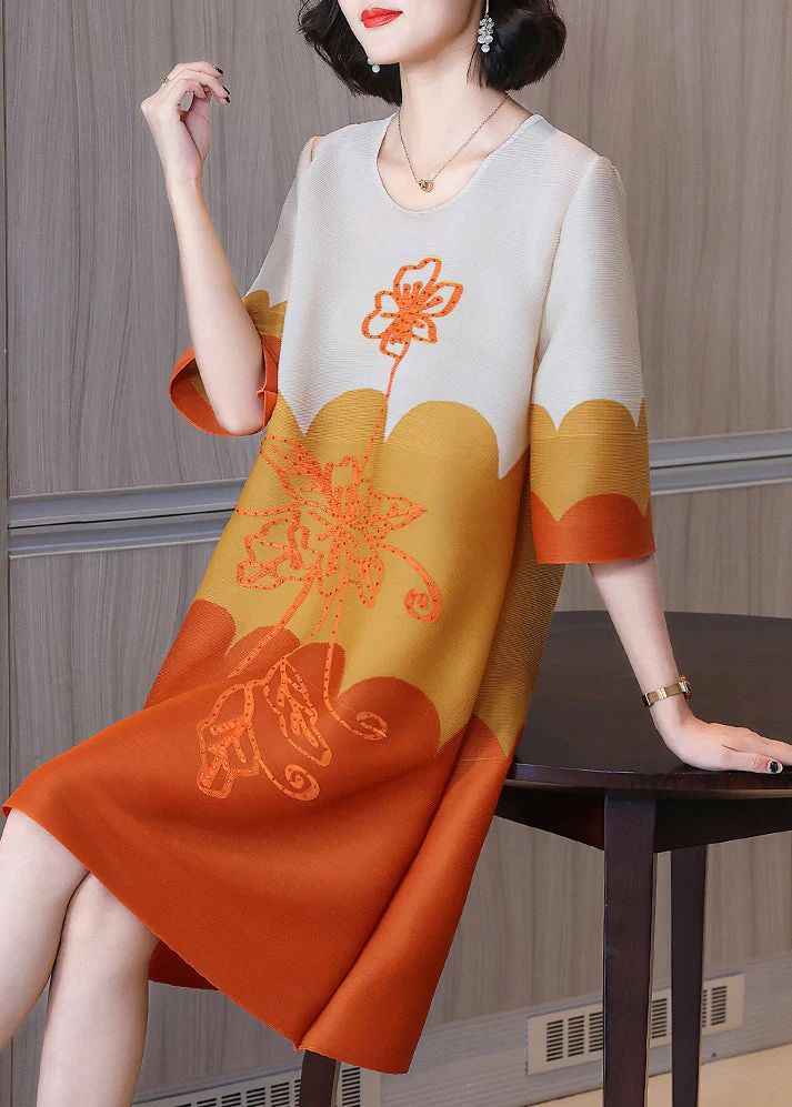Orange O-Neck Print Maxi Dress Half Sleeve - Image 3