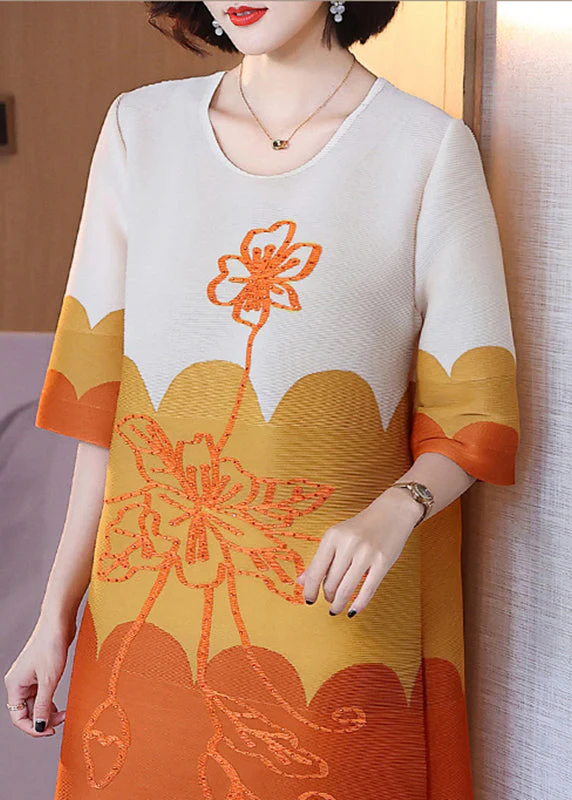 Orange O-Neck Print Maxi Dress Half Sleeve - Image 4