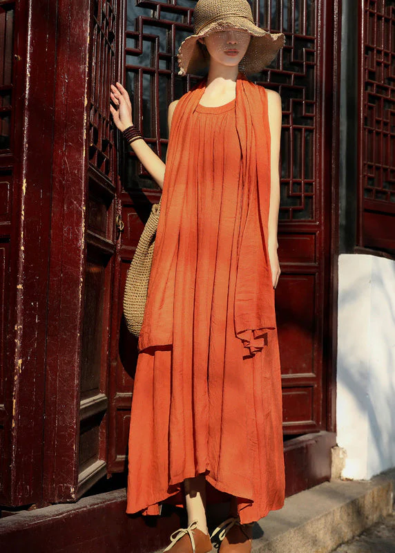 Orange Original Design Linen Spaghetti Strap Dress And Shawl Two Pieces Set Summer - Image 2