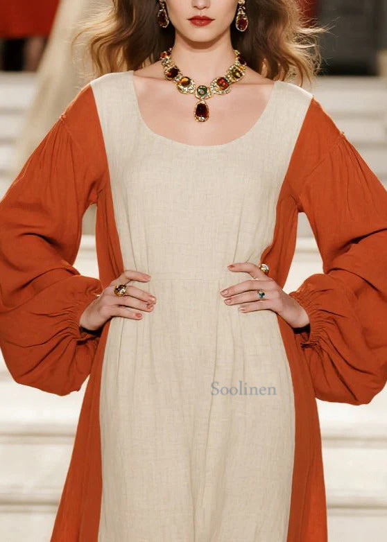 Orange Patchwork Cotton Dress Oversized U Neck Spring - Image 2