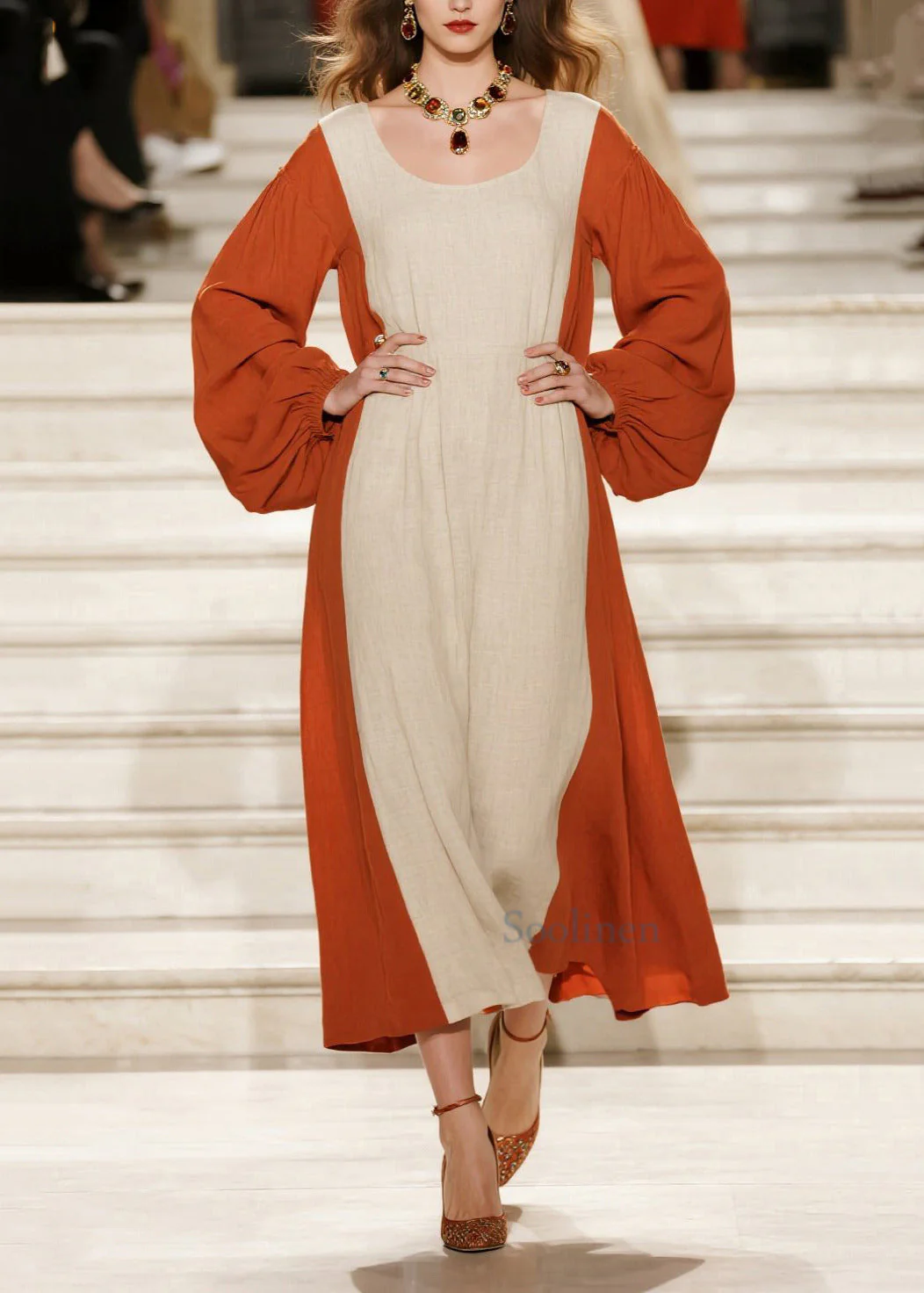 Orange Patchwork Cotton Dress Oversized U Neck Spring - Image 3