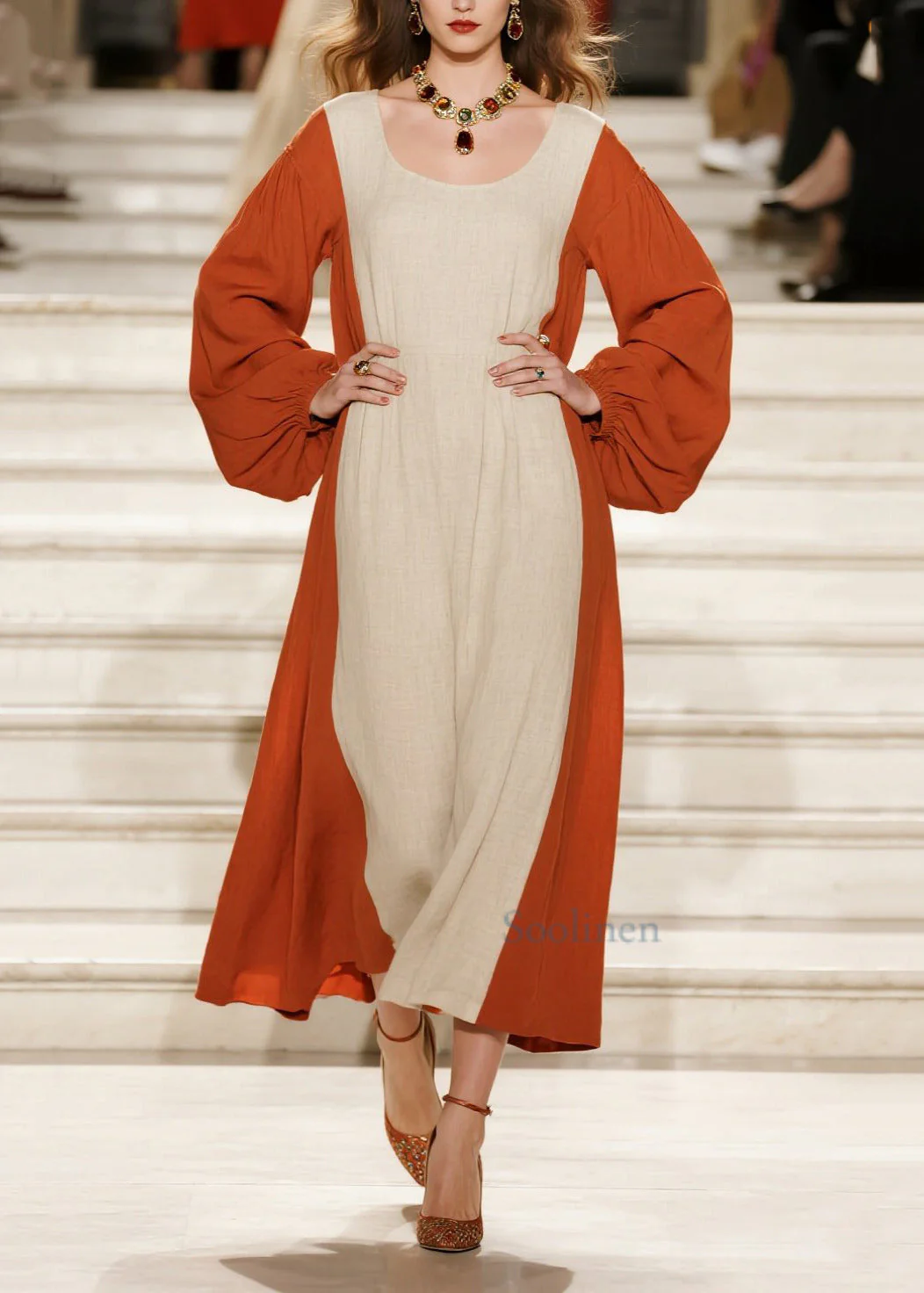 Orange Patchwork Cotton Dress Oversized U Neck Spring - Image 5