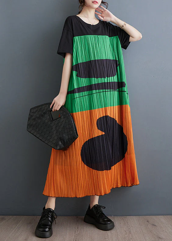 Orange Patchwork Cotton Pleated Dress Oversized Summer - Image 2