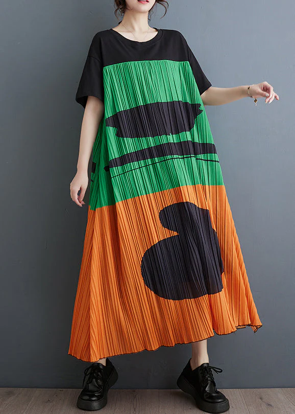 Orange Patchwork Cotton Pleated Dress Oversized Summer - Image 4